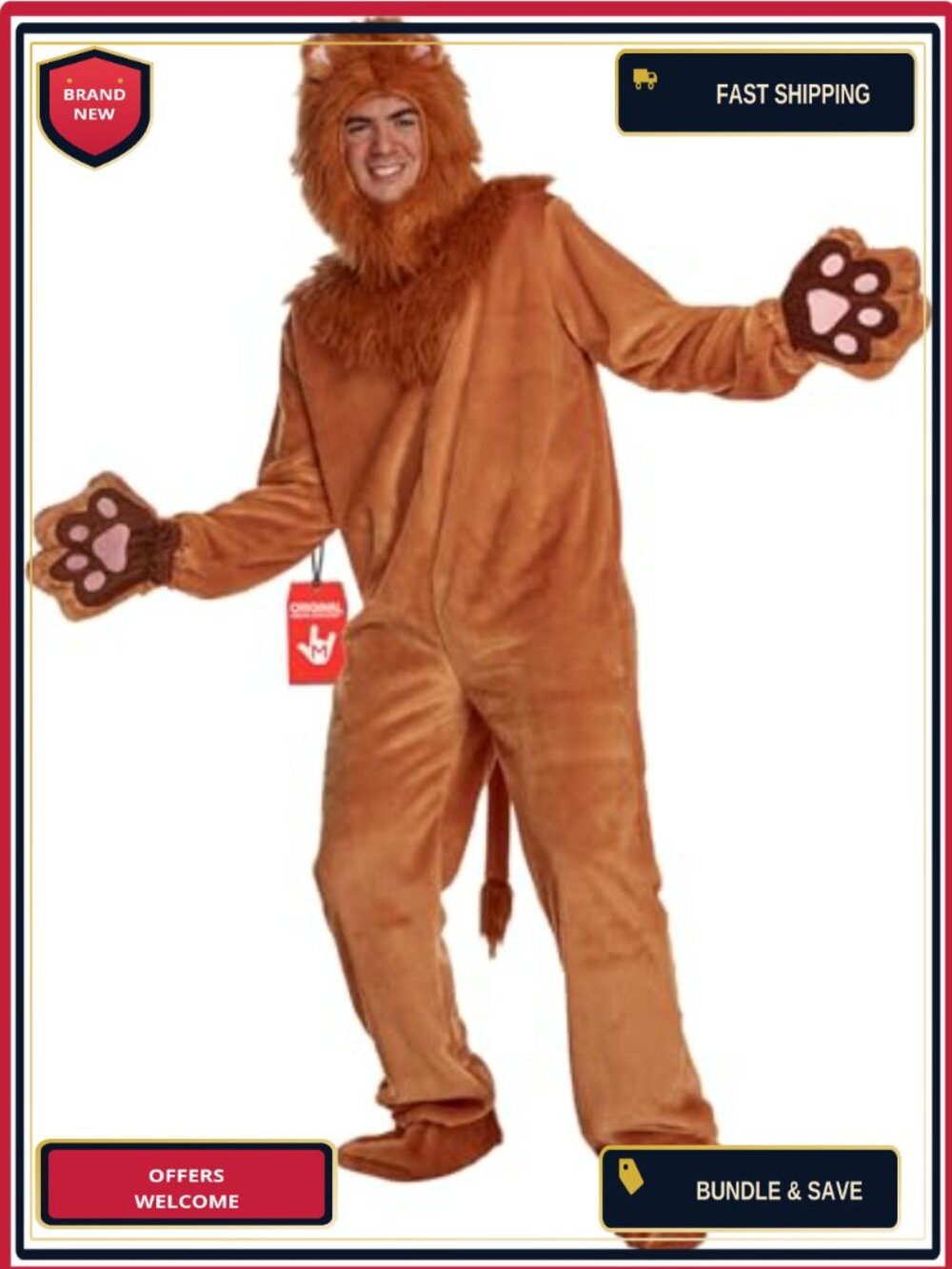 Plush Lion Costume Adult Full-Body Jumpsuit Mane Hood Halloween